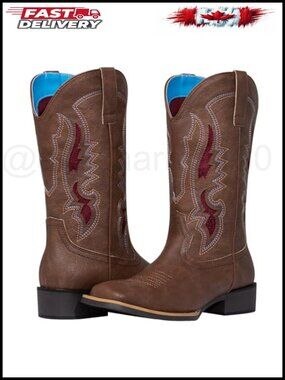 Faux Leather Western Cowboy Boots Square Toe Mid-Calf Pull-On